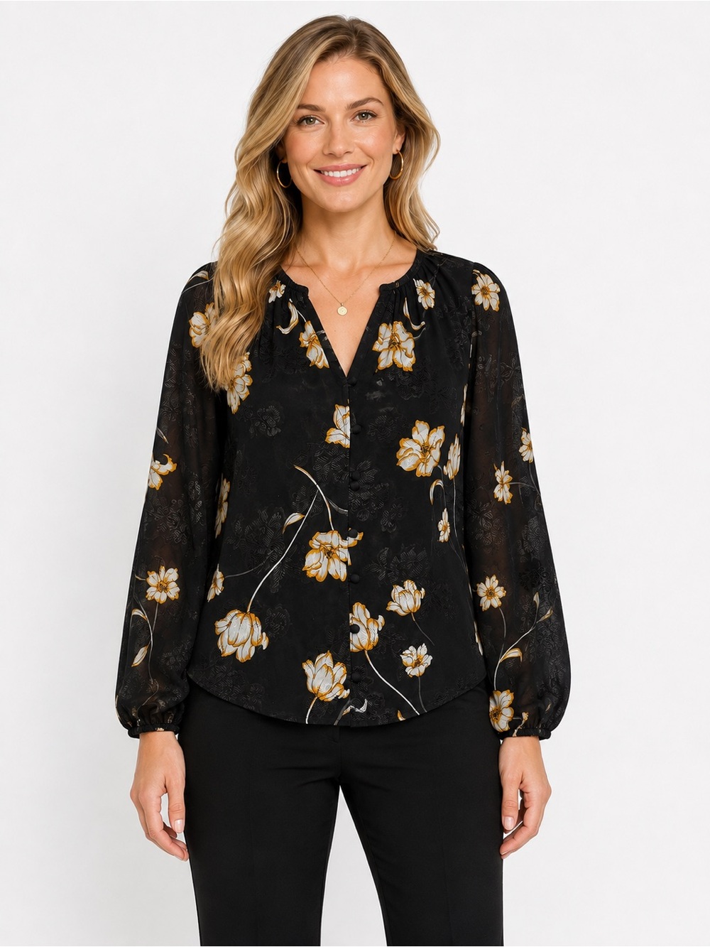 WHBM White House Black Market NWT Black Floral Shirred Long Sleeve Blouse 2P